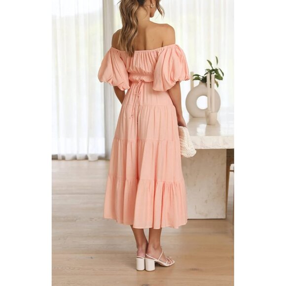 Women’s Off-Shoulder Summer Dress Puff Sleeve Empire Waist A-Line Flowing Midi - Picture 5 of 6